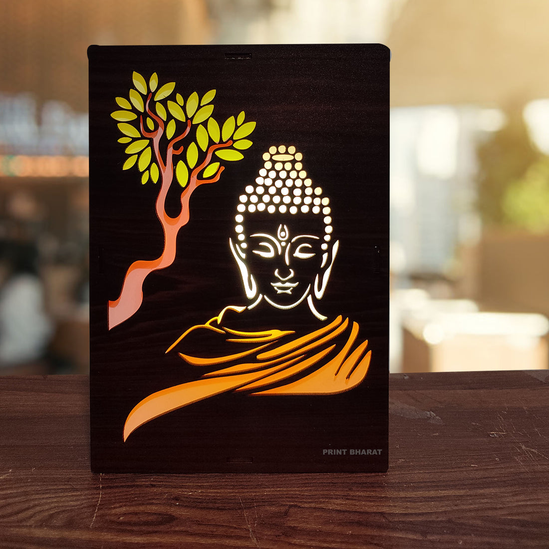 MDF Wood Art Work Led Frame Wooden Color with Laser Cut Finish (Led Lord Buddha Frame)