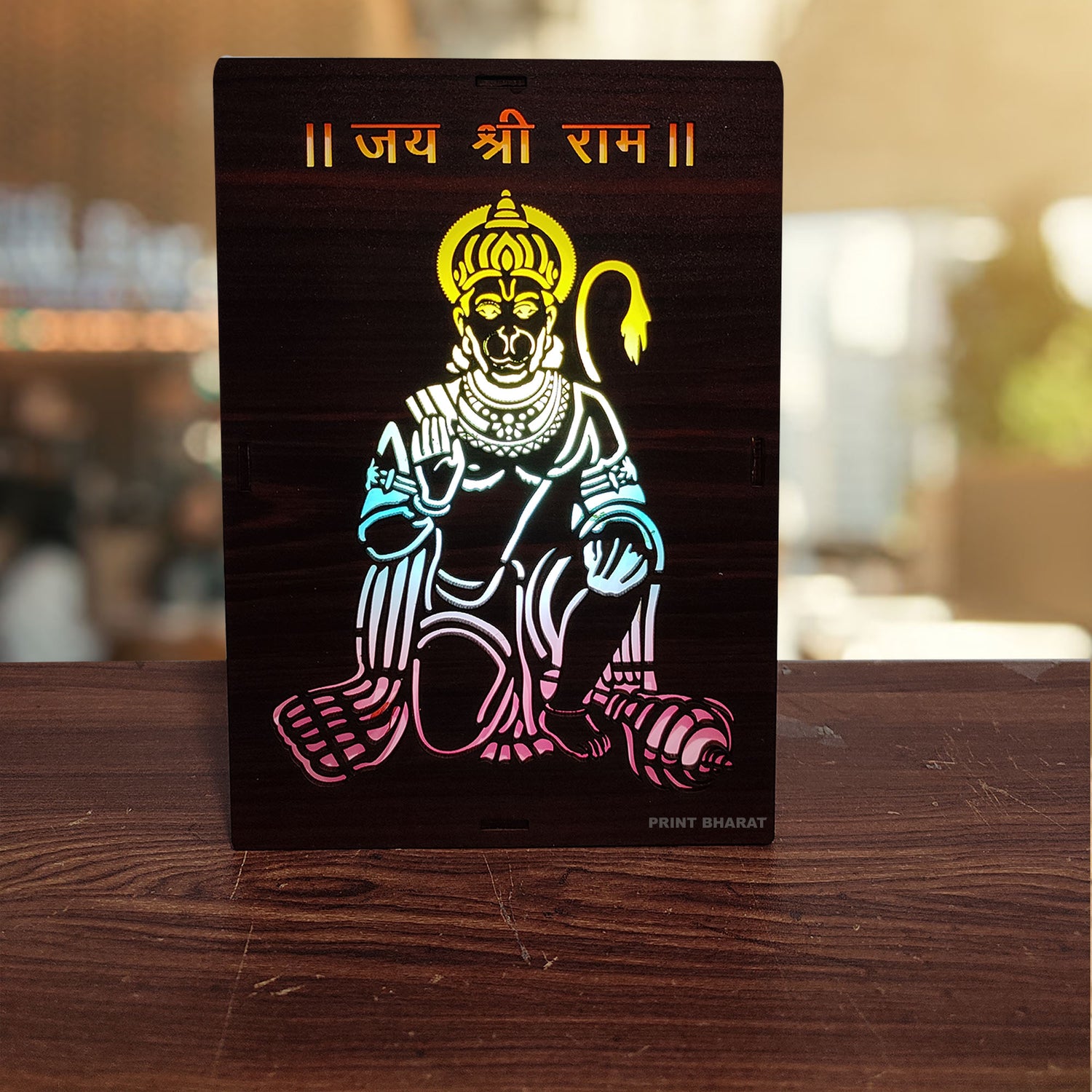 MDF Wood Art Work Led Frame Wooden Color with Laser Cut Finish (Led Hanuman Frame)