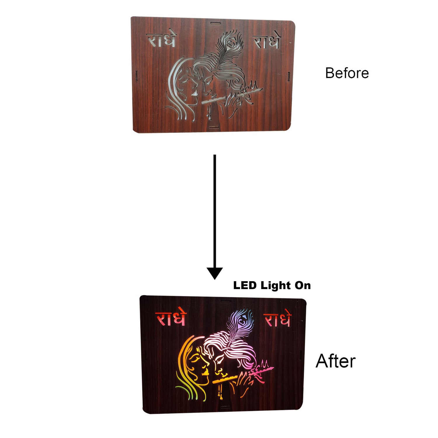 MDF Wood Art Work Led Frame Wooden Color with Laser Cut Finish (Led Radhe Krishna Frame)