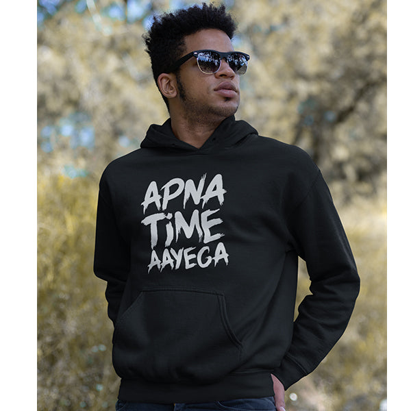 Unisex Apna Time Aayega 100 Cotton Printed Hoodies In Black Color Print Bharat