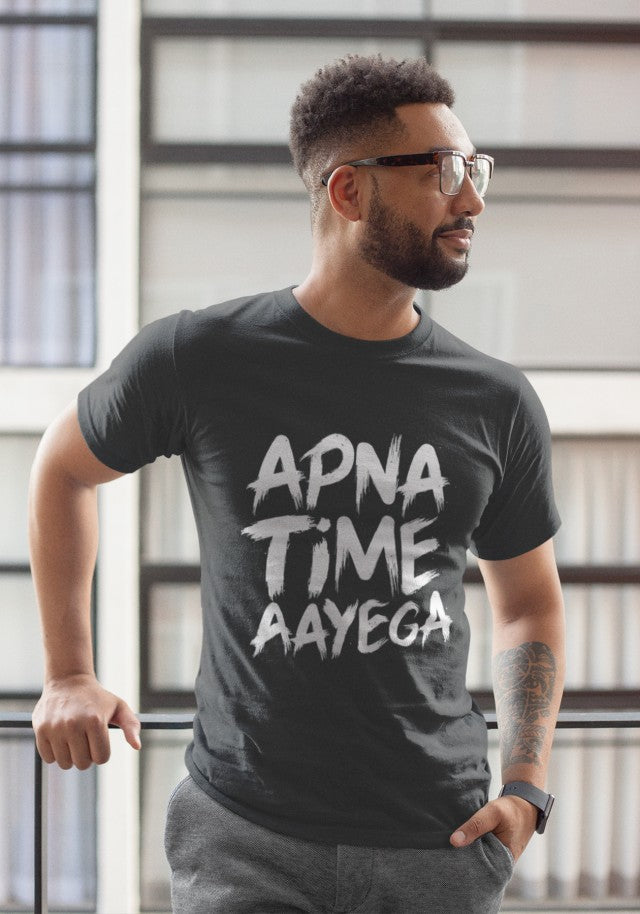 Unisex Apna Time Aayega 100 Cotton Printed Half Sleeves Tshirt In Bl Print Bharat