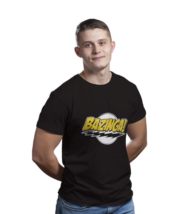 Unisex Bazinga 100 % Cotton Printed Half Sleeve Tshirt In Black Color