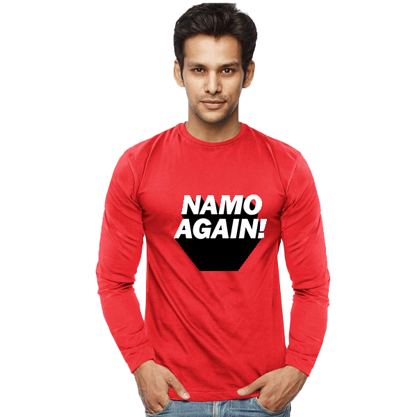 Unisex Namo Again Modi 100 % Cotton Printed Full Sleeves Tshirt In Red Color