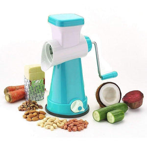 VEGETABLE GRATER MANDOLINE SLICER/ROTARY DRUM FRUIT CUTTER CHEESE SHREDDER WITH 3 ROTARY BLADE AND SUCTION CUP FEET, BLUE
