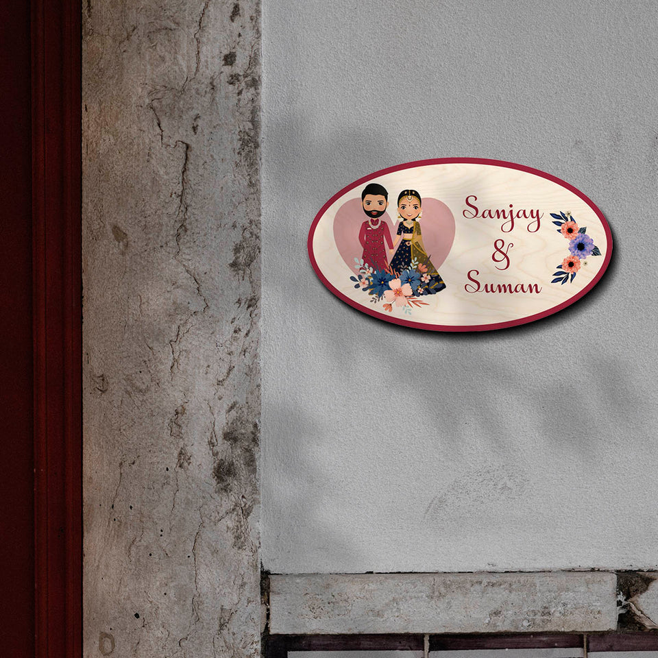Wooden Couple Theme Name Plate