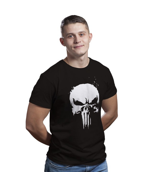 Unisex Punisher Super Hero 100 % Cotton Printed Half Sleeves Tshirt In Black Color